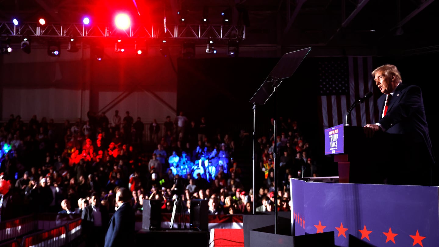 Republican presidential nominee former president Donald Trump holds a campaign rally at Macomb Community College on Nov. 1, 2024 in Warren, Michigan.