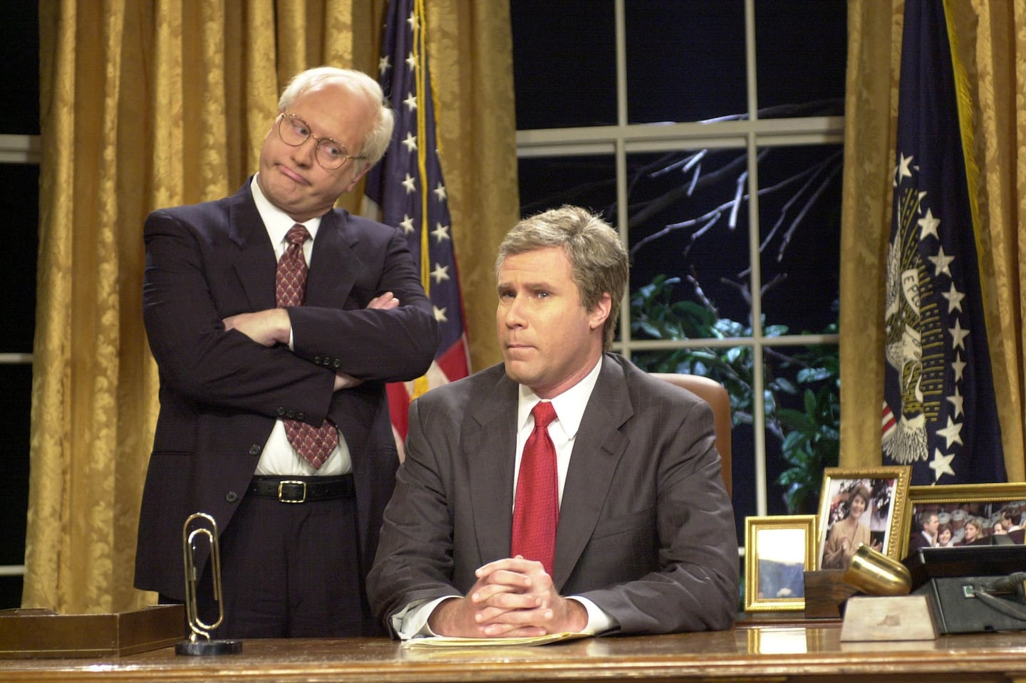 Darrell Hammond as Vice President Dick Cheney interrupts President Bush (Will Ferrell) and tells him to sit at "his" desk: a kiddie table adjacent to the Oval Office desk.