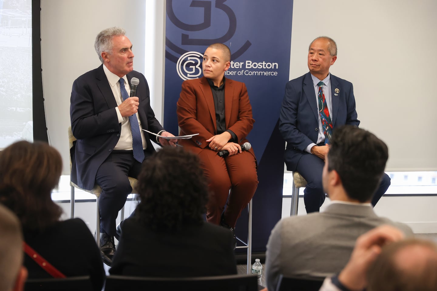 The Greater Boston Chamber of Commerce hosted on Wednesday a "Transportation First" event. Jim Rooney, president & CEO of the Chamber, left, with Monica G. Tibbits-Nutt, secretary and CEO of the Massachusetts Department of Transportation, and Phillip Eng, general manager of the MBTA.