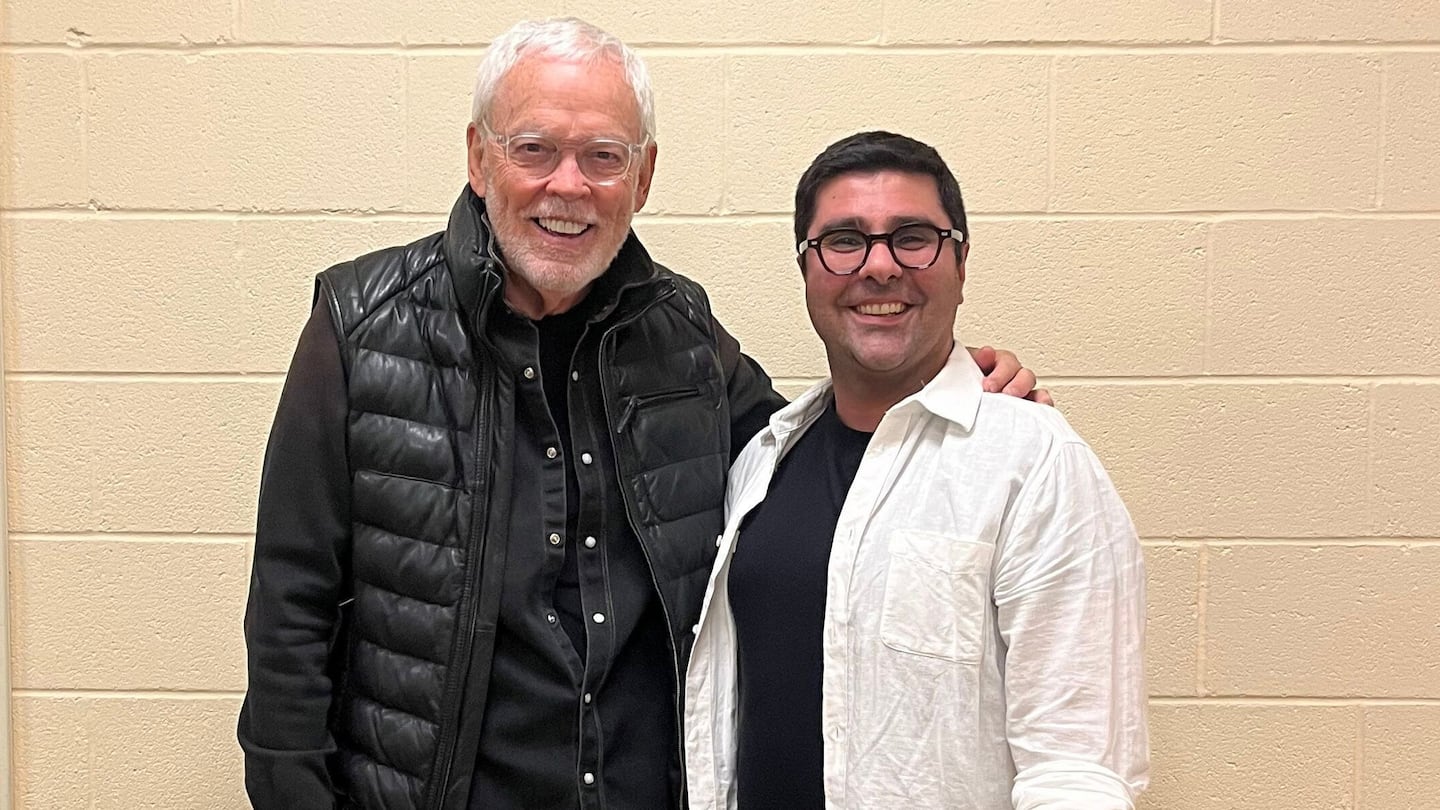 Former Celtics-announcer-turned-actor Mike Gorman with playwright Nassim Soleimanpour at the Huntington Theatre Company.