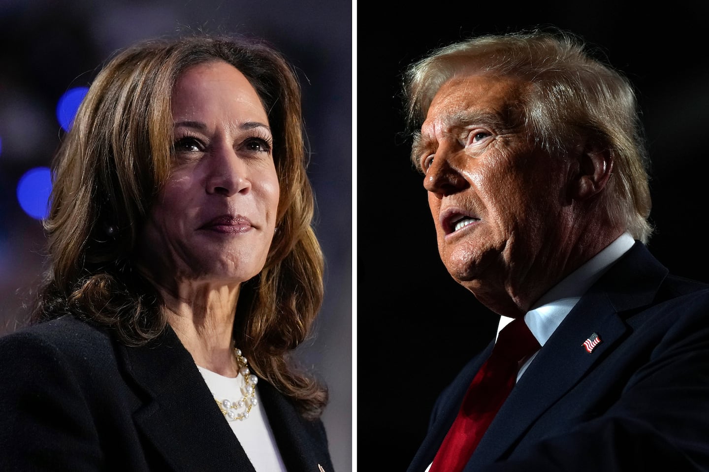 This combination of photos shows Democratic presidential nominee Vice President Kamala Harris, left, speaking during a rally in Charlotte, N.C., on Sept. 12, and Republican presidential nominee former president Donald Trump, right, speaking during a rally in Warren, Mich., on Nov. 1.