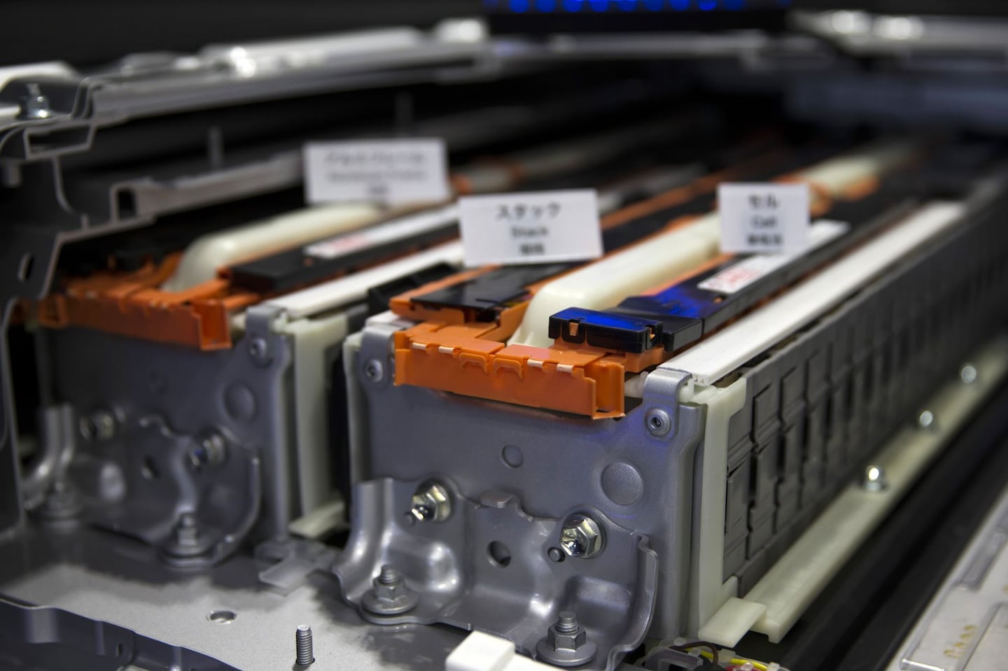 Lithium is crucial for batteries such as these, which power a Toyota Prius.