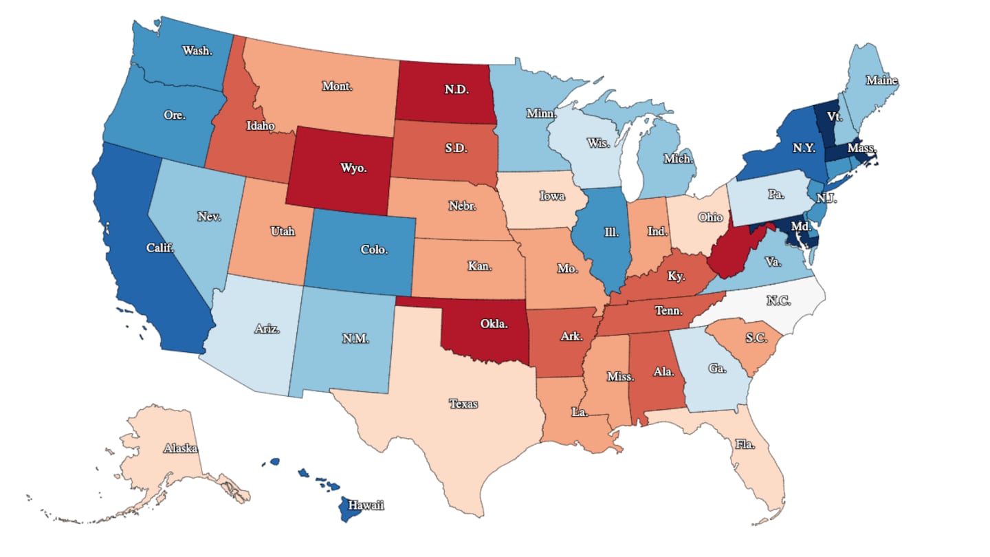 The voting results from the 2020 presidential election mapped along a gradient instead of plain red and blue.