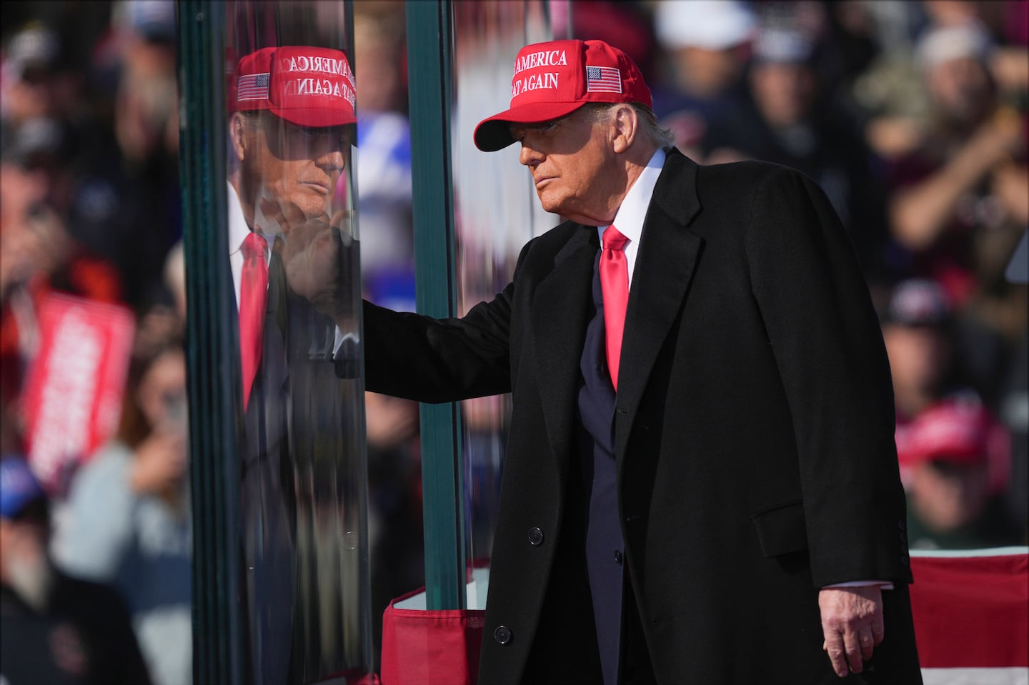 Republican presidential nominee former president Donald Trump arrives at a campaign rally in Lititz, Pa., Sunday.