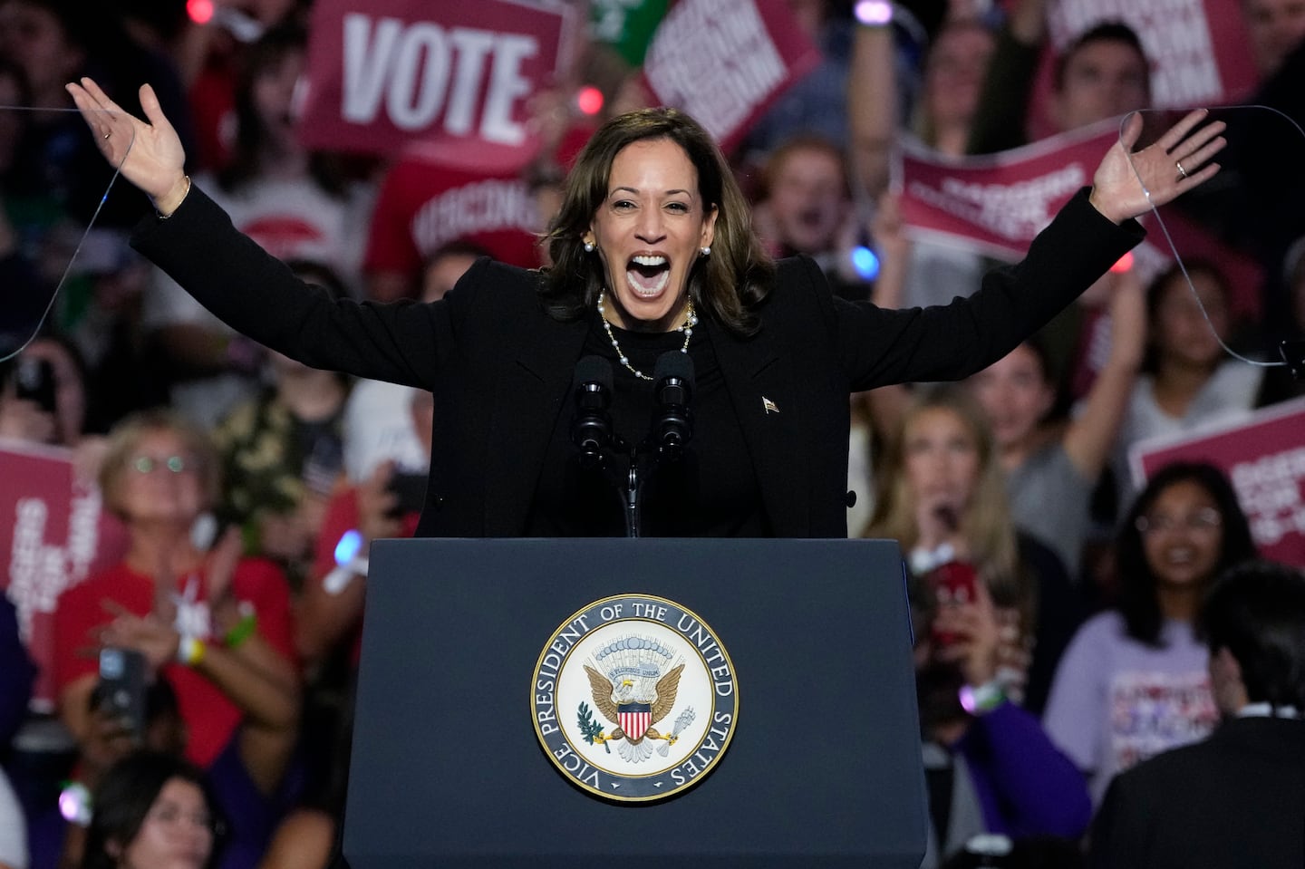 Vice President Kamala Harris arrived at a campaign event on Wednesday in Madison, Wis.