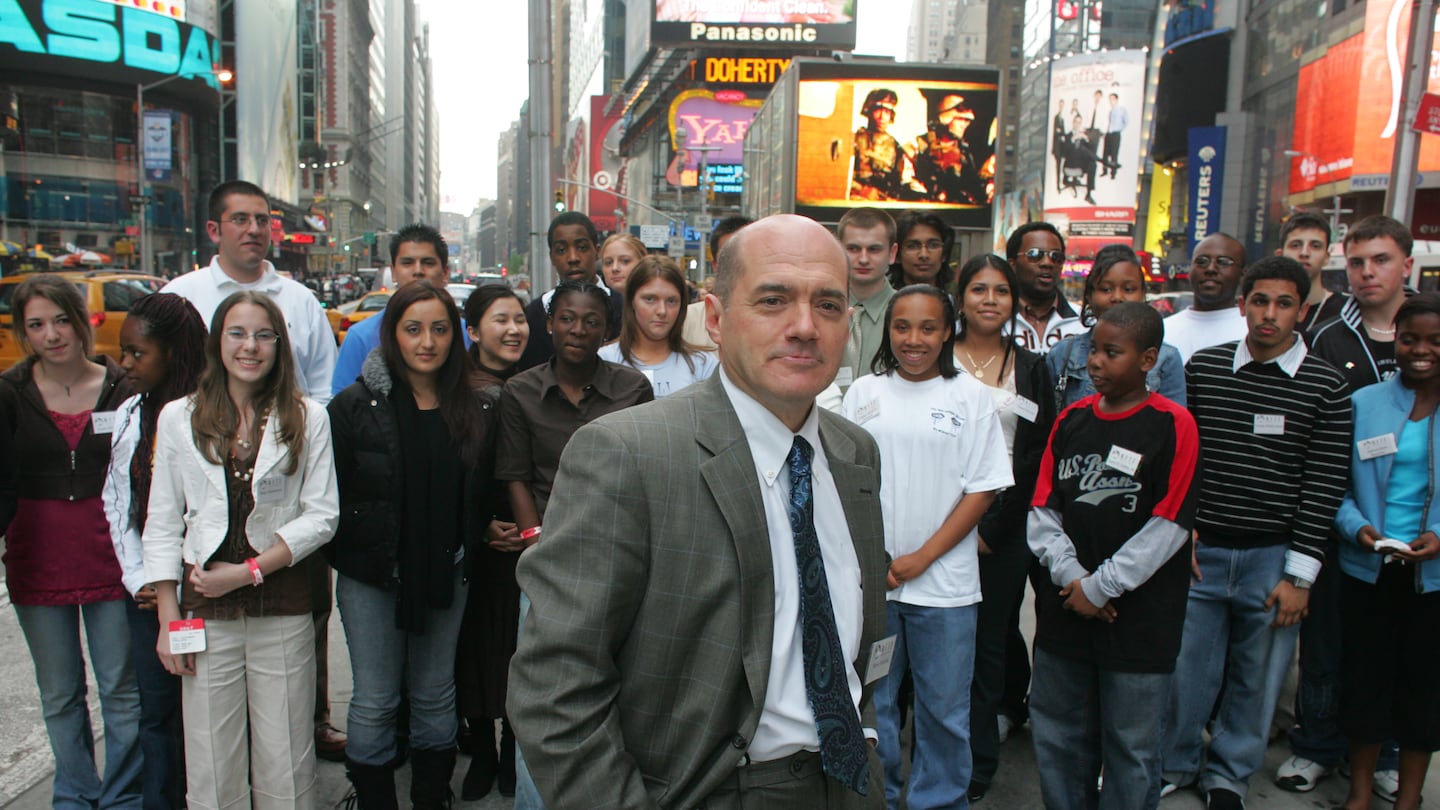 Mr. Mariotti, the founder of the Network for Teaching Entrepreneurship, with some of his students in Times Square in New York in 2007.