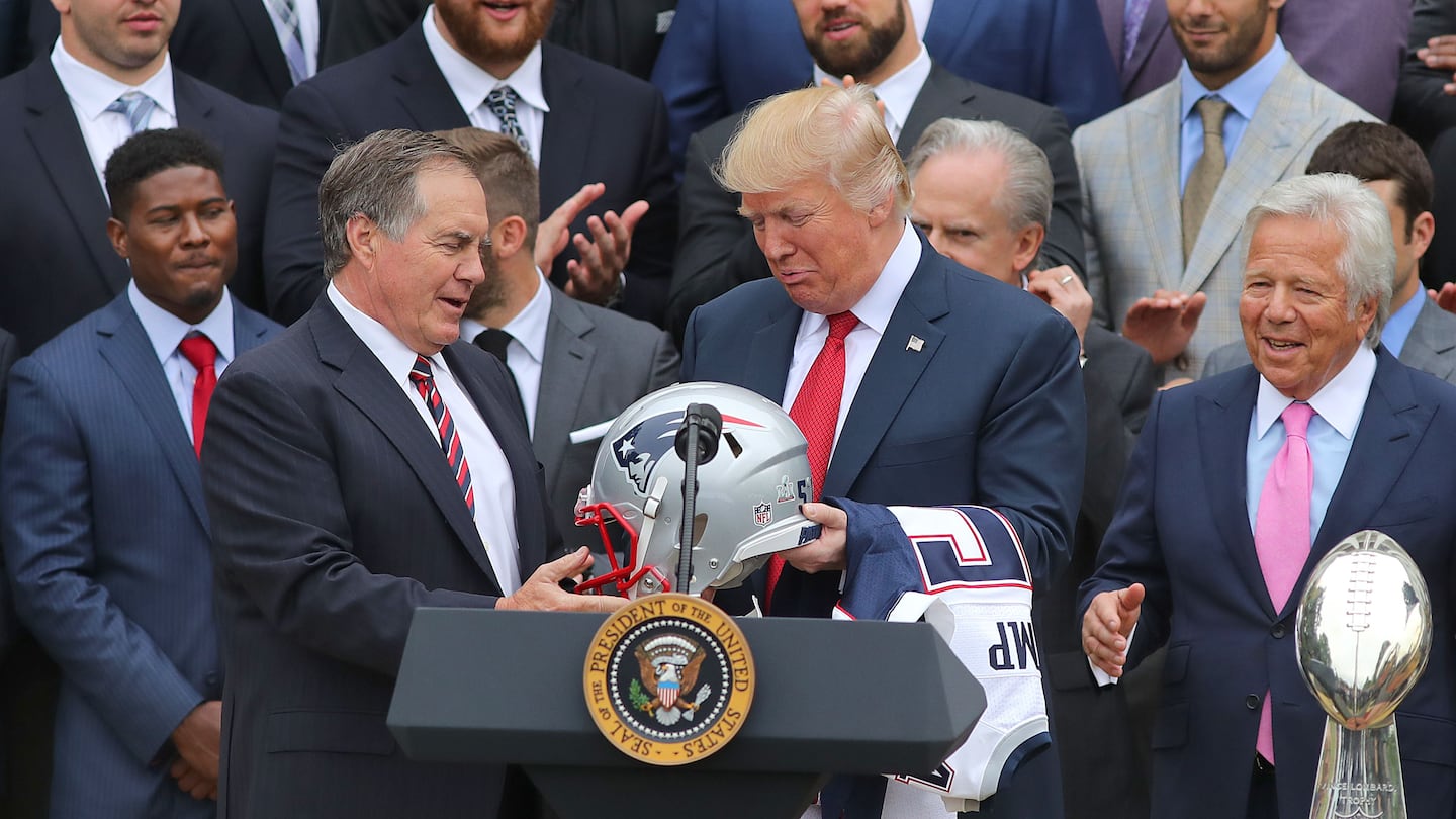 Bill Belichick presented then-President Donald Trump with a Patriots helmet at the White House in 2017.