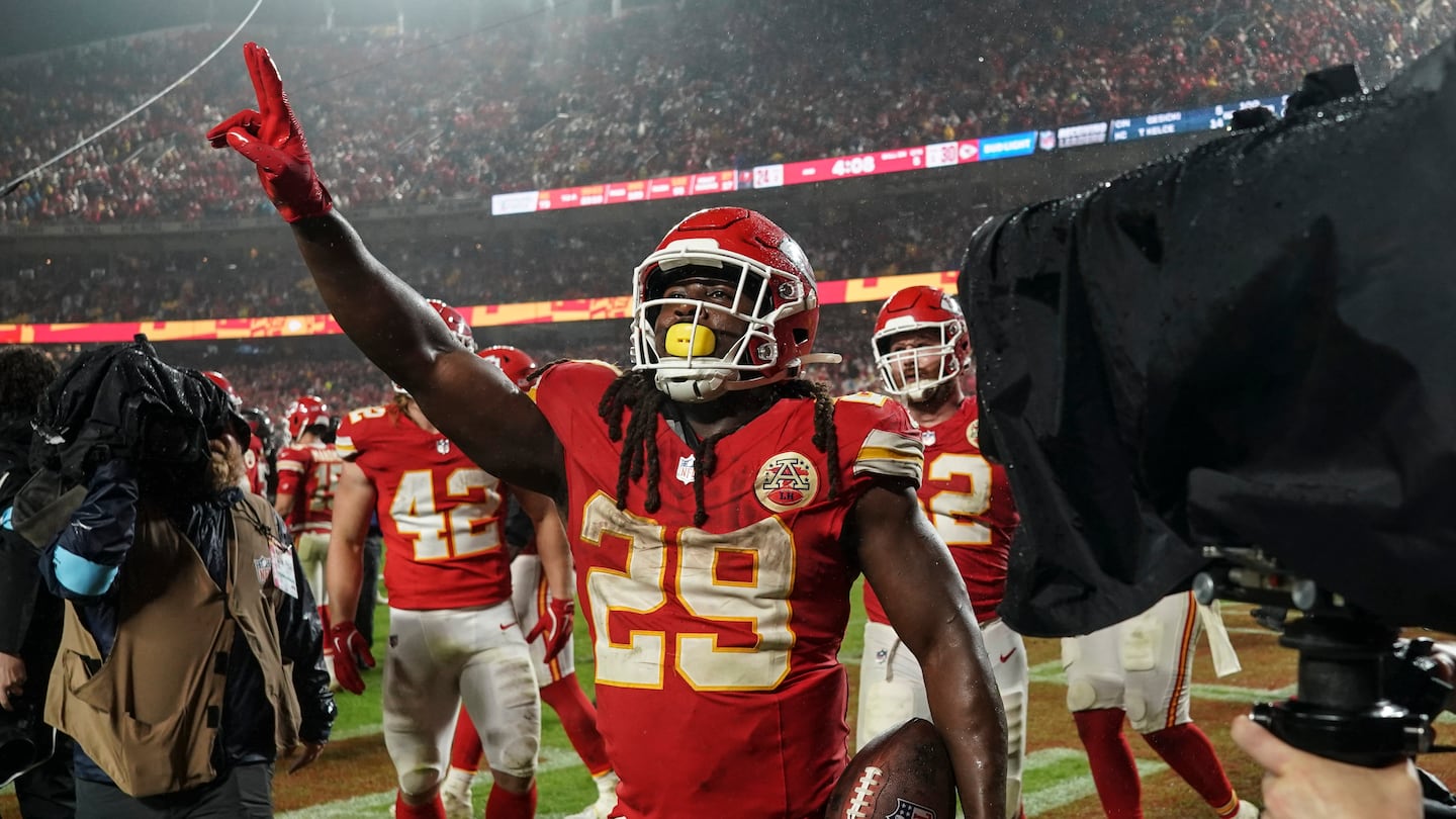 Kareem Hunt celebrates his winning touchdown in overtime.