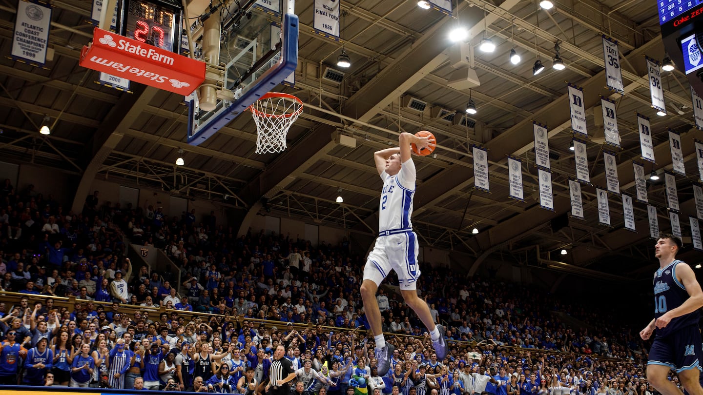 Duke's Cooper Flagg dunks on a fast break during the second half, one of multiple times the freshman threw it down.