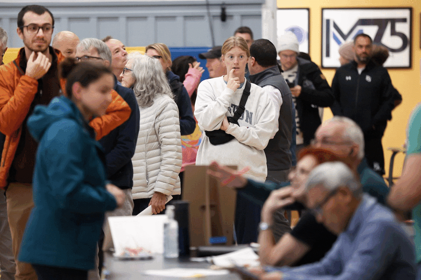 Voters wait in line to cast their ballots at Scranton High School in Scranton, Pa., on Election Day, Tuesday, Nov. 5, 2024. (AP Photo/Matt Rourke)