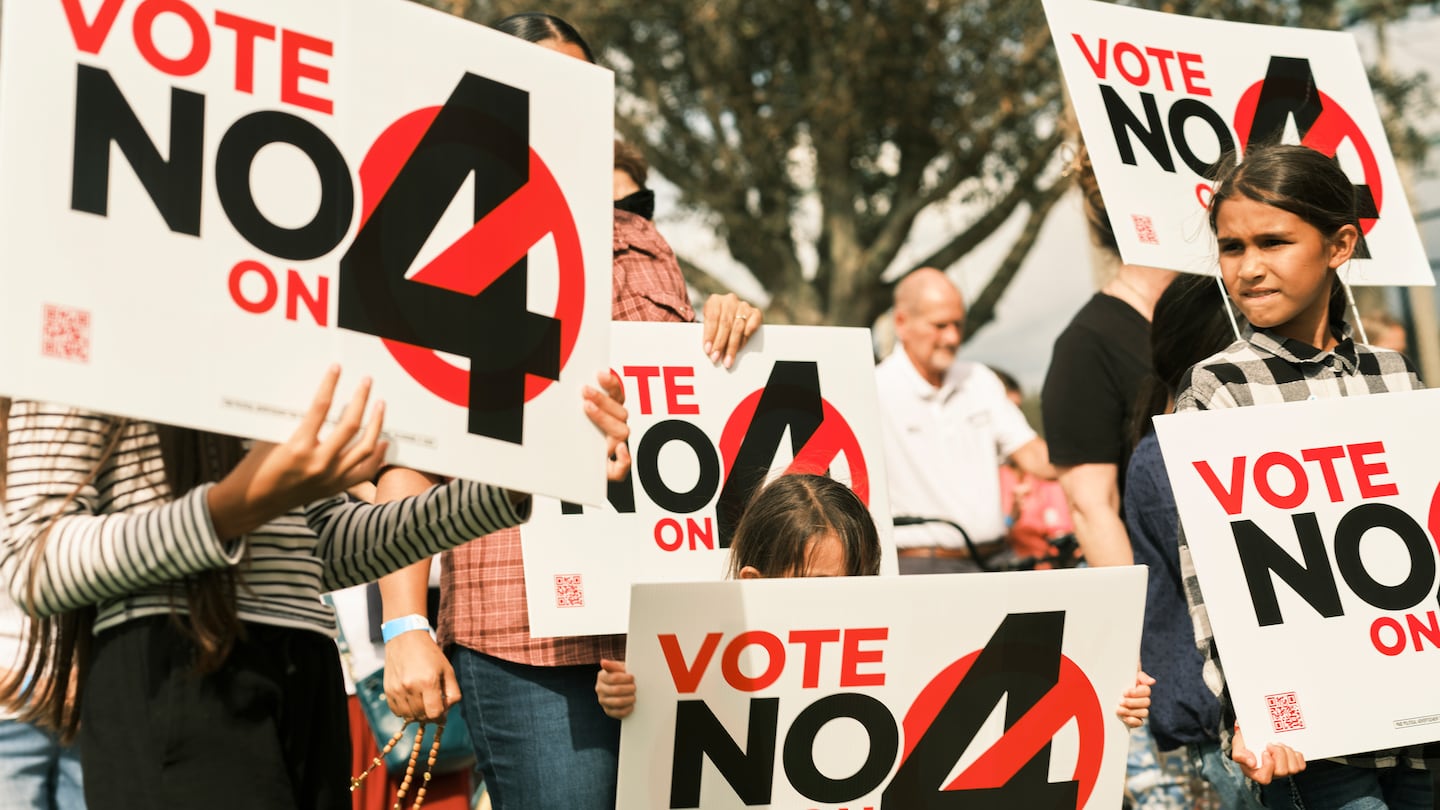 A demonstration against Amendment 4 in Florida, which would guarantee the right to an abortion in the state until about 24 weeks of pregnancy, in Ave Maria, Fla., Oct. 20, 2024. A ballot measure that would have enshrined abortion rights in the Florida Constitution failed, according to The Associated Press, delivering a major defeat to proponents who had hoped to restore broad access to the procedure in the nation’s third-largest state.