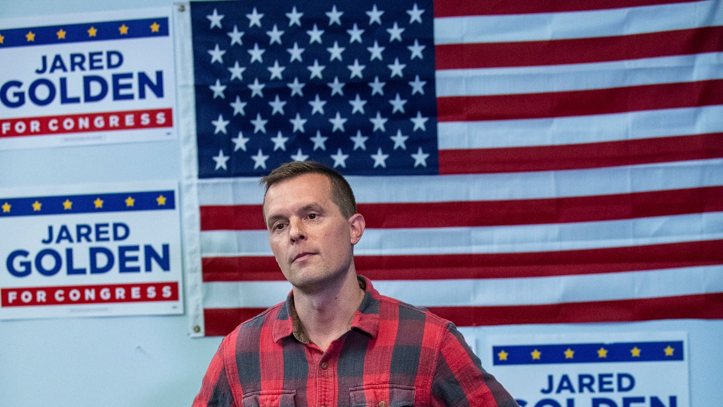 Rep. Jared Golden, D-Maine, took questions from a question the media Wednesday afternoon during a press conference at his campaign office in Lewiston, Maine.