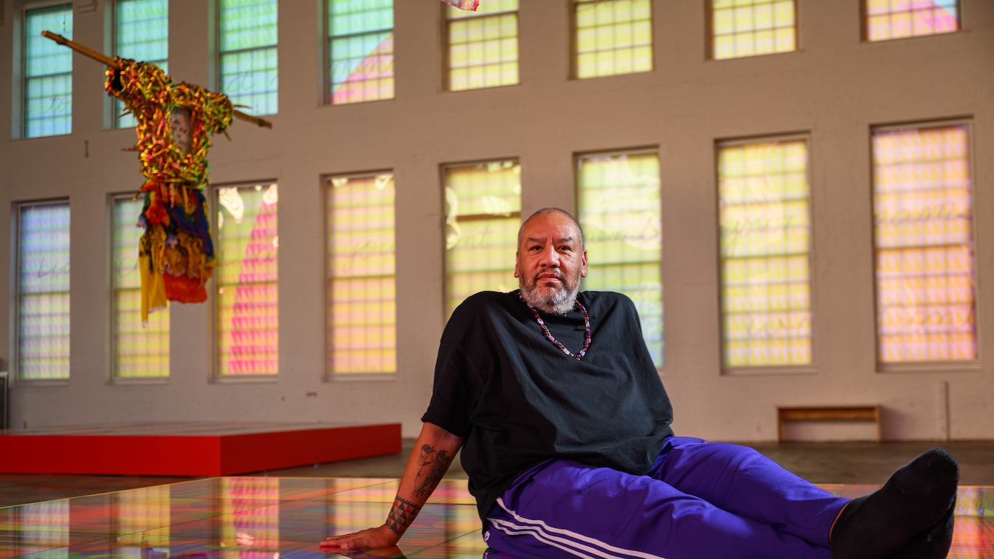 Artist Jeffrey Gibson at his art installation “Power Full Because We're Different” at Massachusetts Museum of Contemporary Art.