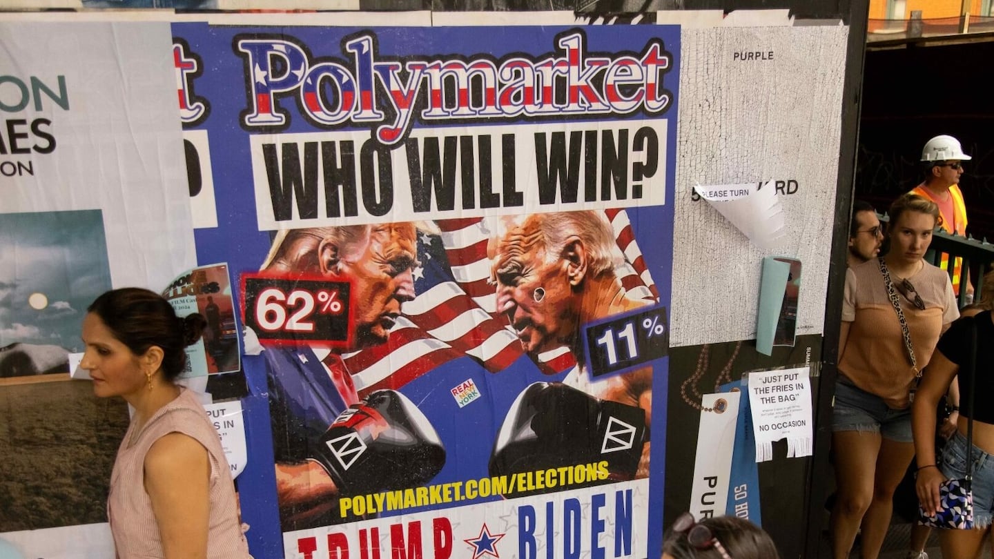 A Polymarket advertisement in Brooklyn showed Trump as a favorite.