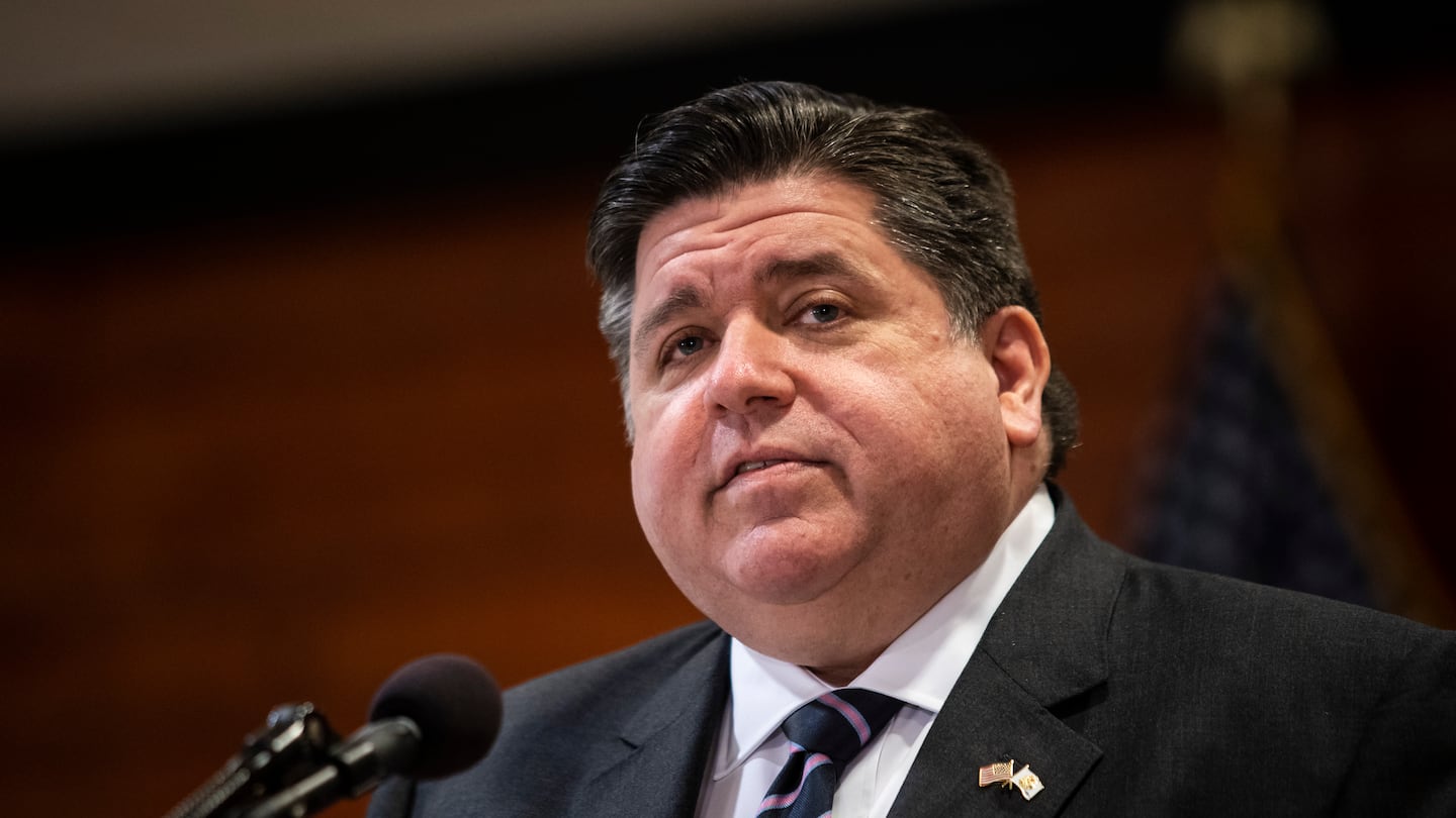 Governor J.B. Pritzker speaks at Chicago State University in Chicago.