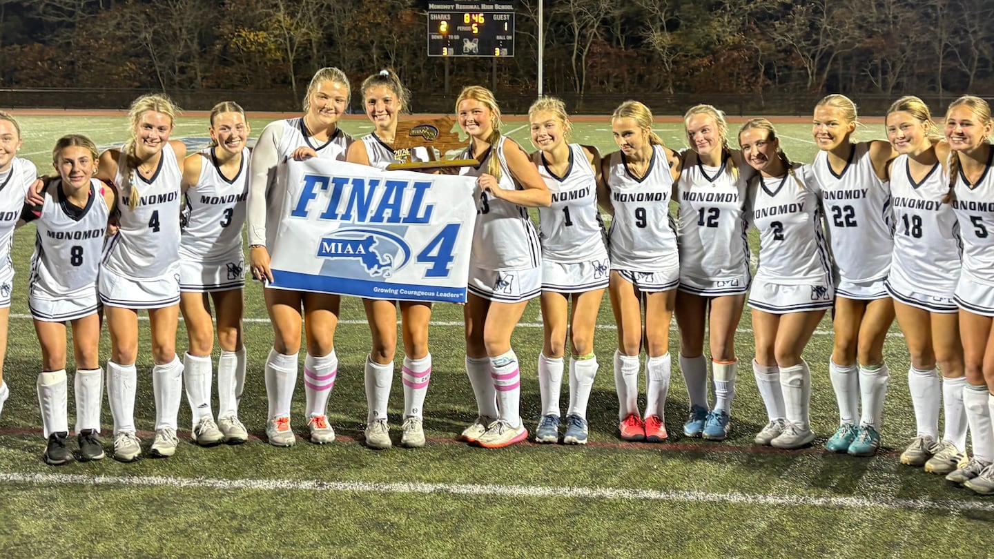 The second-seeded Monomoy field hockey team celebrates after advancing to the Division 4 state semifinals after its 2-1 overtime victory over Cohasset on Friday, Nov. 8, 2024.