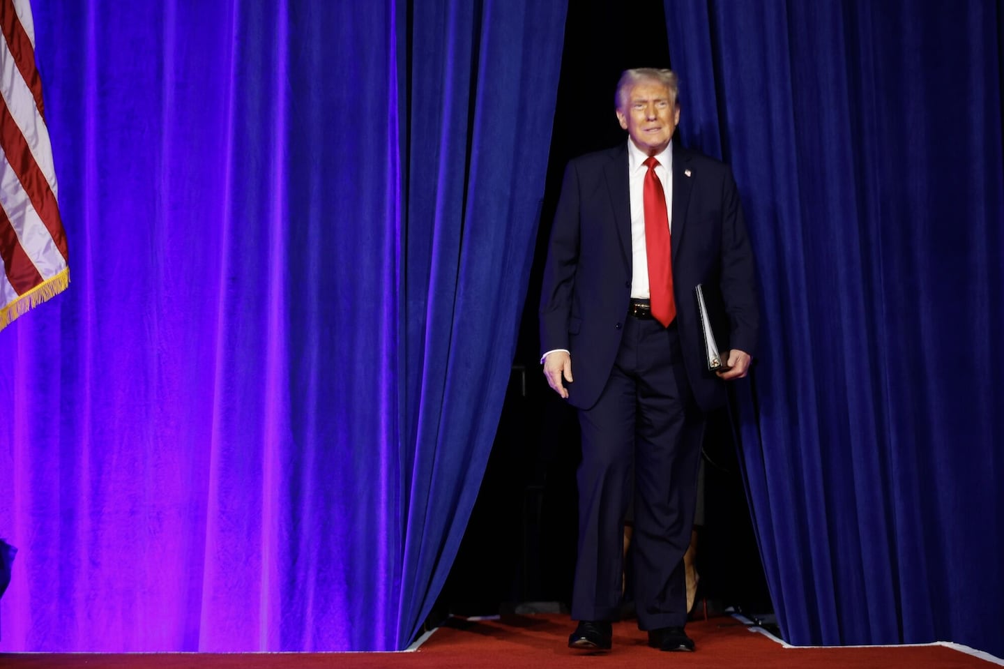 Donald Trump arrives to speak during an election night event at the Palm Beach Convention Center in West Palm Beach, Florida.