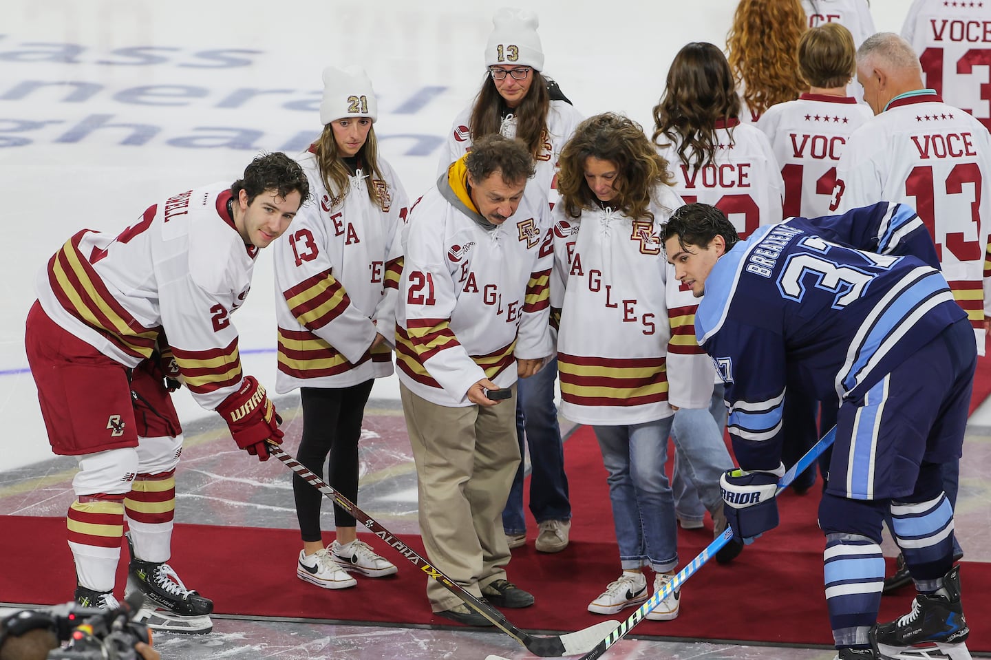 The Gaudreau family took part in the ceremonial puck drop honoring the lives of Johnny and Matthew Gaudreau before BC played Maine at Conte Forum.