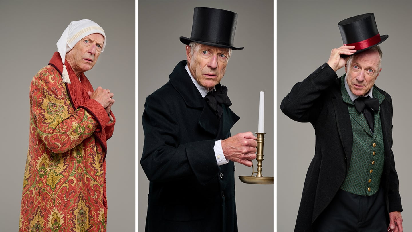 A composite of pictures featuring Will Lyman in Commonwealth Shakespeare Company's production of Charles Dickens' "A Christmas Carol."