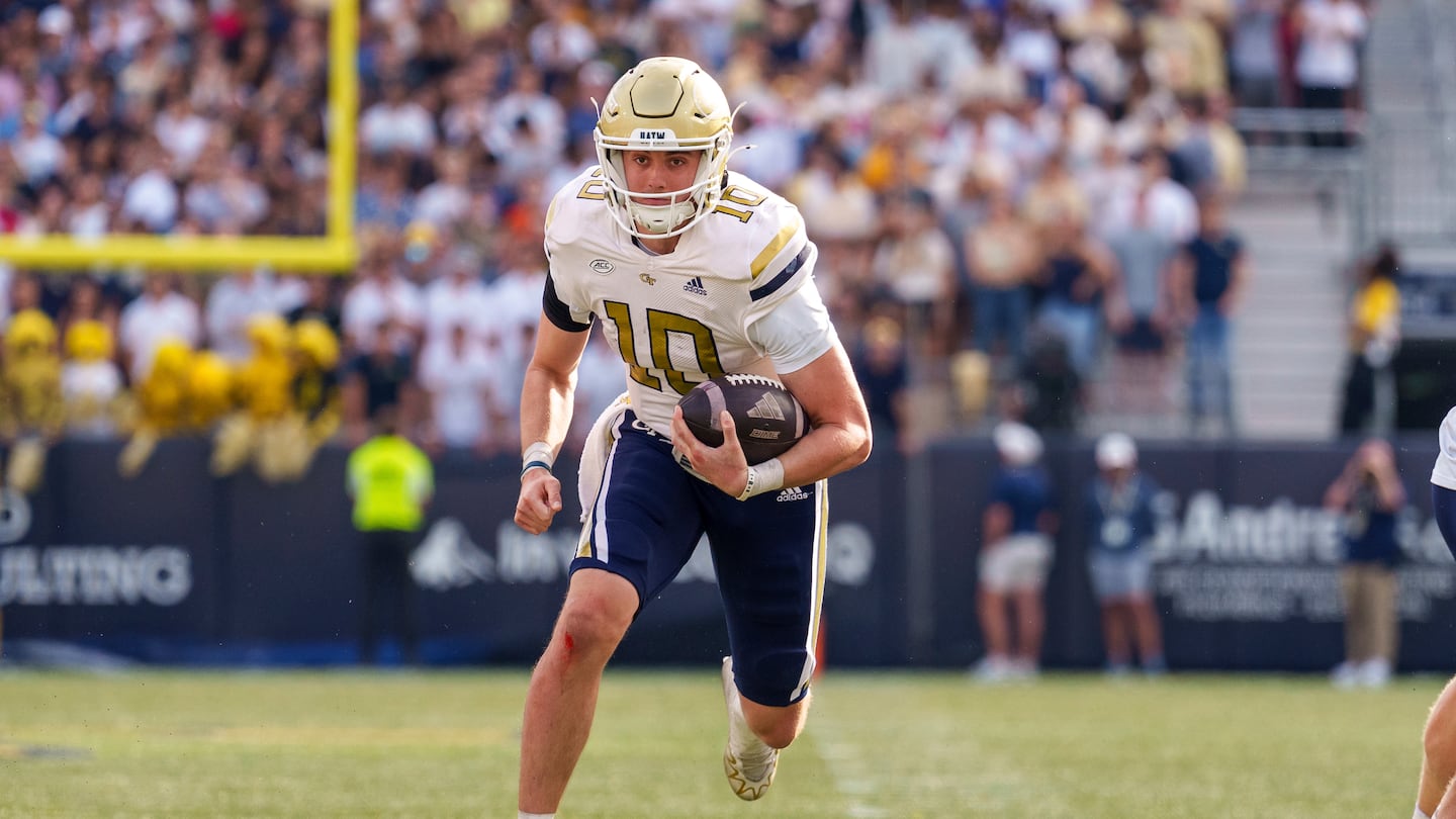 Georgia Tech quarterback Haynes King (10) finds a hole and runs for a big gain during the second half of the Yellow Jackets' upset of No. 4 Miami Saturday in Atlanta. 