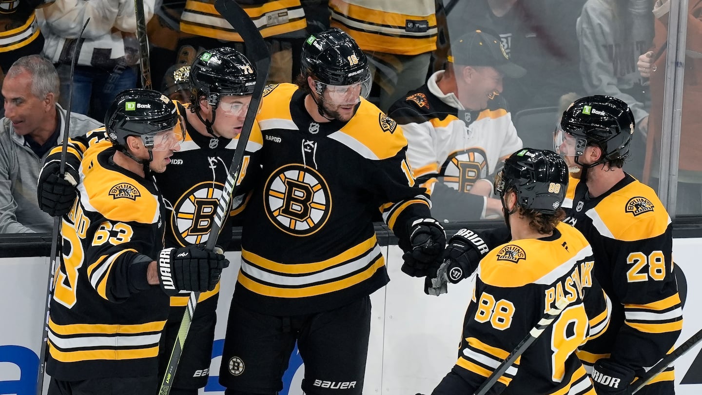 The Bruins' top power play unit has featured, from left, Brad Marchand, Charlie McAvoy, Pavel Zacha, David Pastrnak and Elias Lindholm.