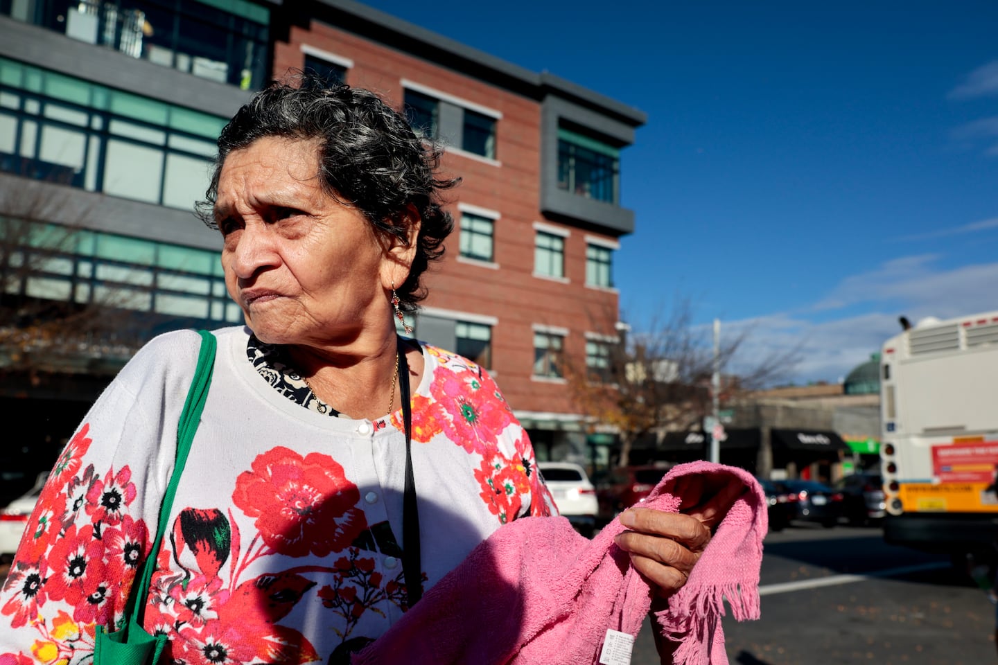 Maria Herrera spoke about the election at Maverick Square in East Boston on Nov. 6. Originally from El Salvador, Herrera is an American citizen and said she voted for Donald Trump.