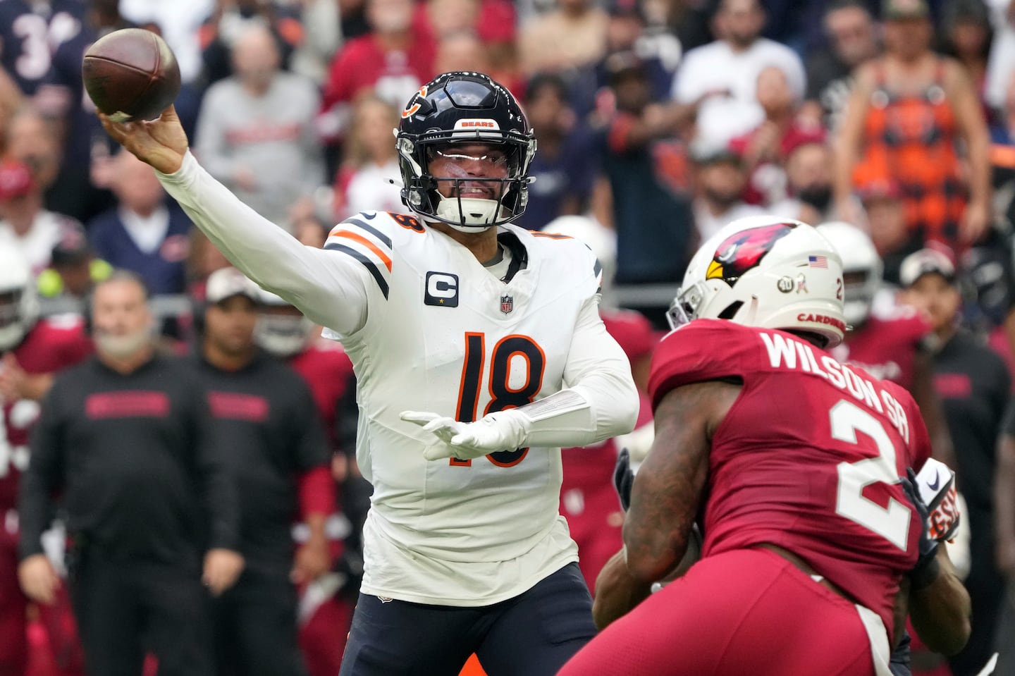 Bears quarterback Caleb Williams doesn’t have a touchdown pass in the last two games, and last week he was sacked six times while throwing for just 217 yards in a loss to the Cardinals.