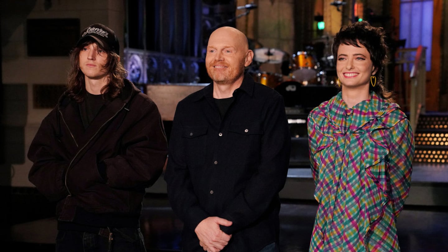 From left: Musical guest Mk.gee, host Bill Burr, and Sarah Sherman during Promos in Studio 8H on Thursday.