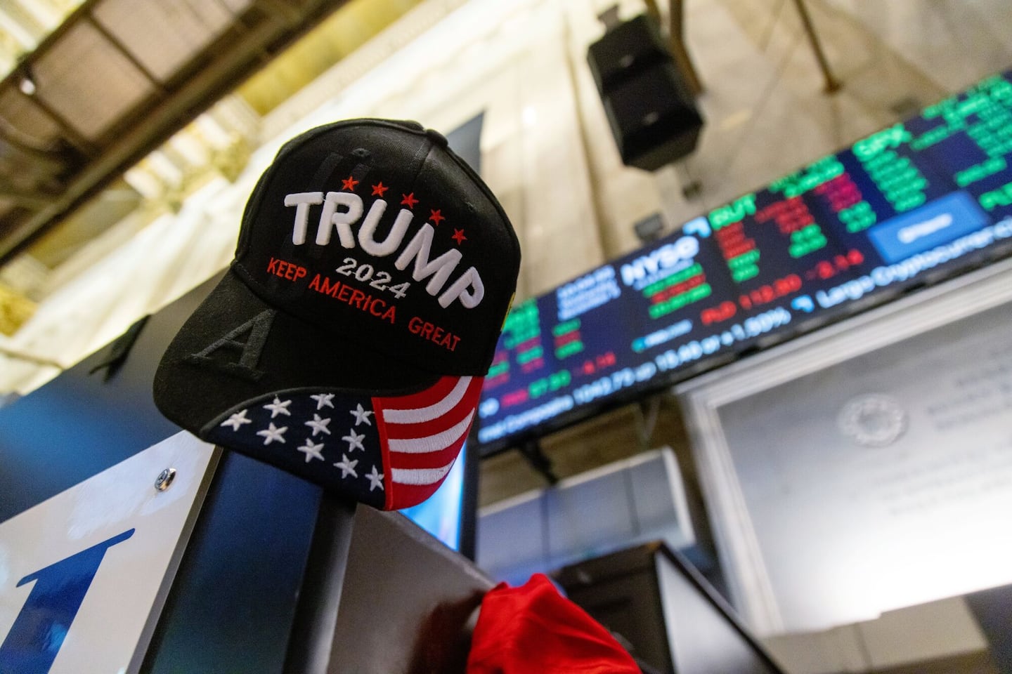 A Trump hat was displayed on the floor of the New York Stock Exchange.