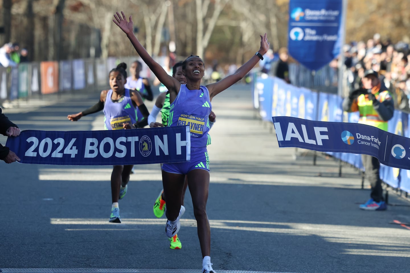 Fentaye Belayneh claimed the win in a sprint finish in the women's race at the Boston Half.