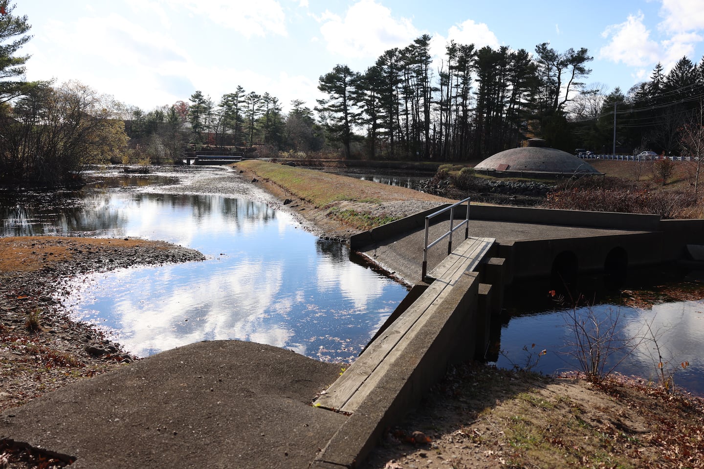 The water surrounding the Russell F. Tennant Water Treatment Plant was visibly low on Monday. City officials announced water restrictions in Attleboro as South Coast chafes under drought conditions.