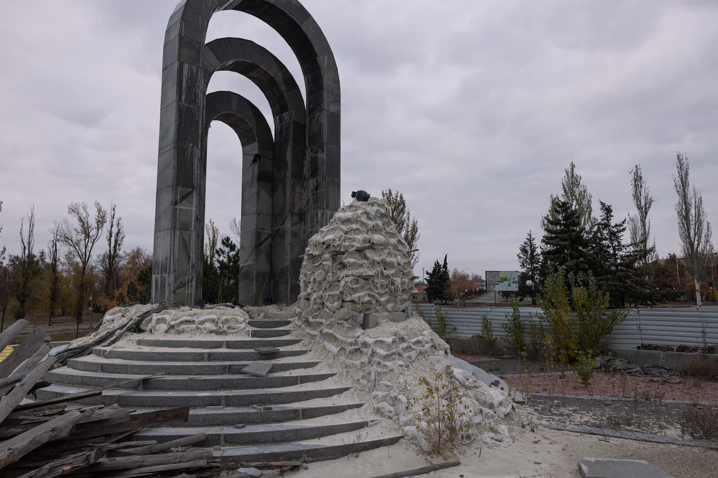 A statue is covered by sandbags due to the ongoing intense hostilities on Monday in Pokrovsk, Ukraine. In one of his nightly addresses this week, Ukrainian President Volodymyr Zelensky said that the area around Pokrovsk was "the most challenging right now" and added that "the military command and brigade command is working on strengthening positions."