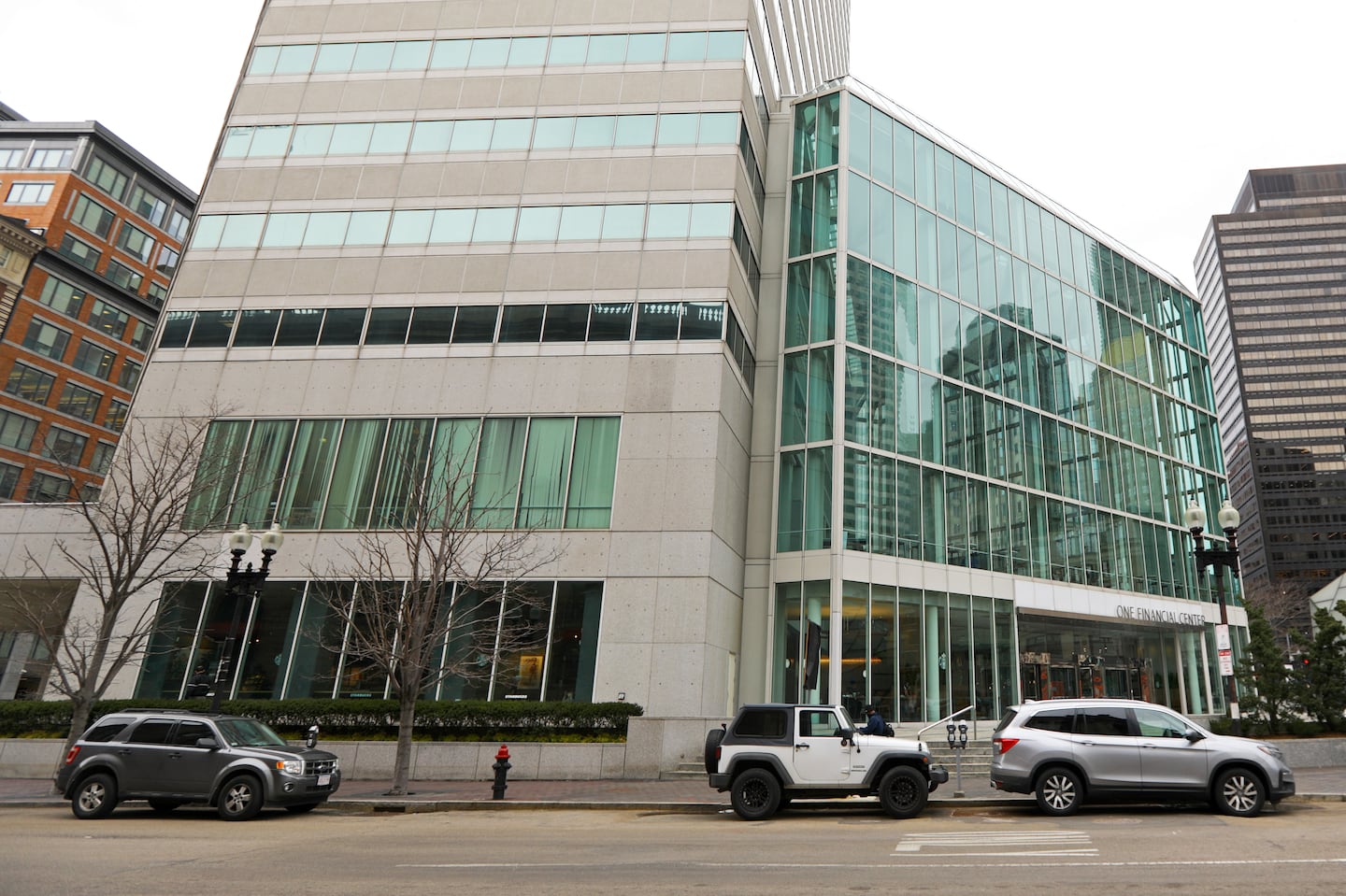 A steet-level view of One Financial Center in downtown Boston.