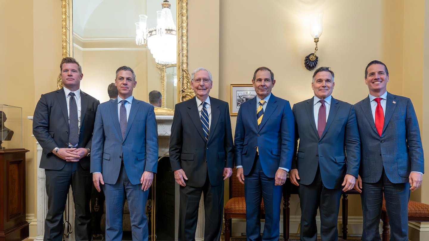 Senate Minority Leader Mitch McConnell, R-Ky., center, welcomes incoming Republican senators in his office at the Capitol in Washington, Tuesday, Nov. 12, 2024. From left are, Sen.-elect Tim Sheehy, R-Mont., Sen.-elect Jim Banks, R-Ind., Sen. Mitch McConnell, R-Ky., Sen.-elect John Curtis, R-Utah, Sen.-elect David McCormick, R-Pa., and Sen.-elect Bernie Moreno, R-Ohio.