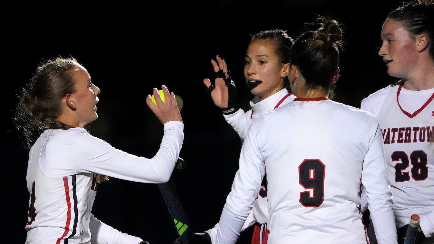 Watertown sophomore Kaylee Master (4) celebrates with her teammates after scoring one of her three goals in a 5-0 Division 3 semifinal win over Dennis-Yarmouth at Hanover High.