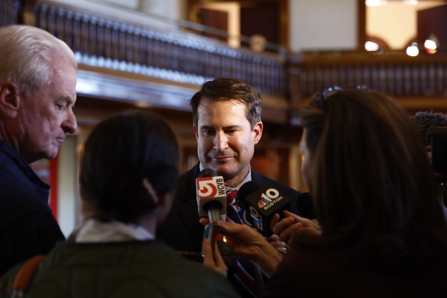 Congressman Seth Moulton spoke to reporters after a Veterans Day town hall event at Abbot Hall in Marblehead on Nov. 11.