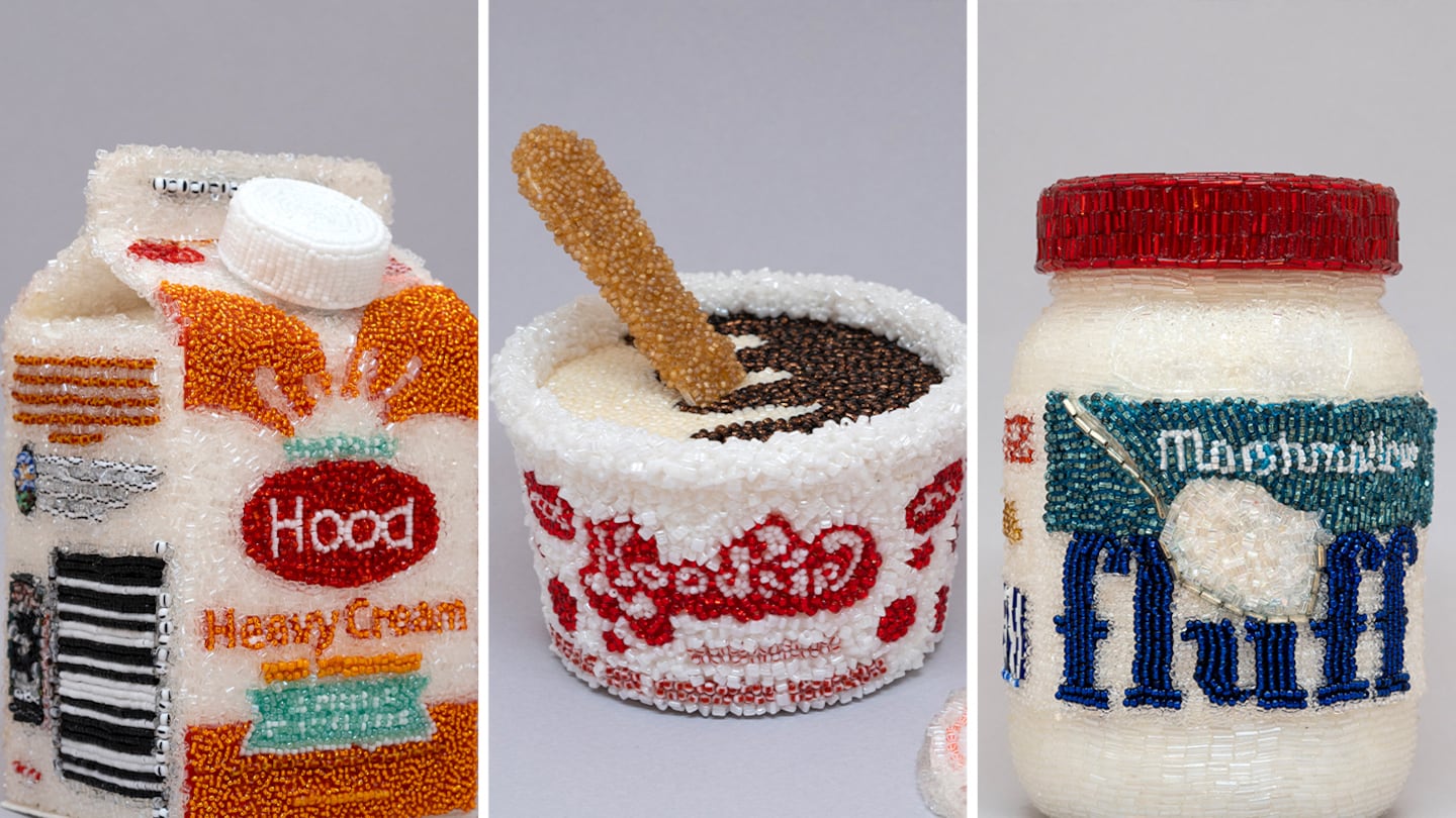 Linda Dolack's artwork features food and candy made in Massachusetts. Pictured: "Hood Heavy Cream," "Hoodsie with Lid and Wooden Spoon," and "Fluff."