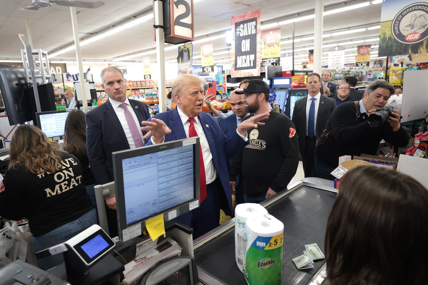 Donald Trump highlighted inflation's effects on grocery prices in a campaign visit to Sprankle's Neighborhood Market in Kittanning, Pa..