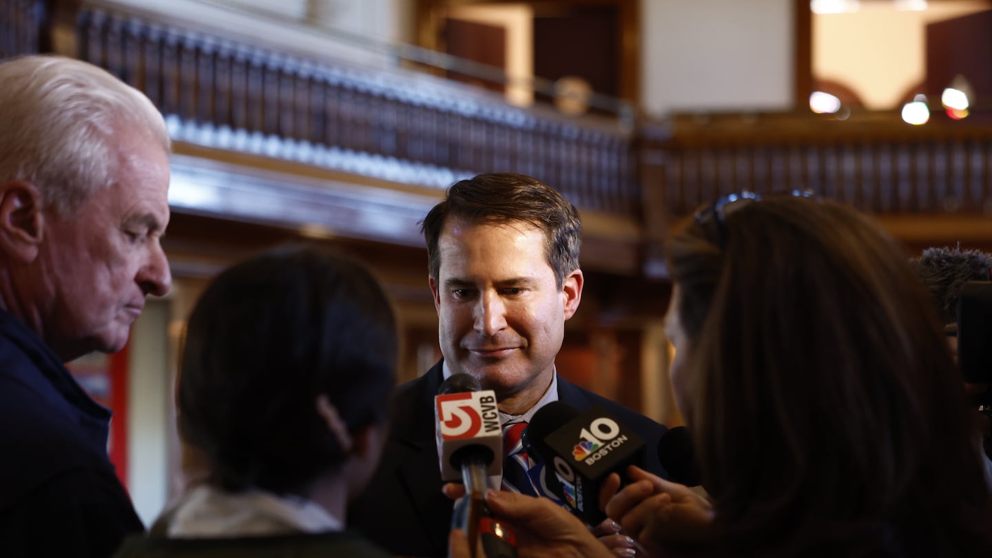 Congressman Seth Moulton spoke to reporters after a Veterans Day town hall event at Abbot Hall in Marblehead on Nov. 11.