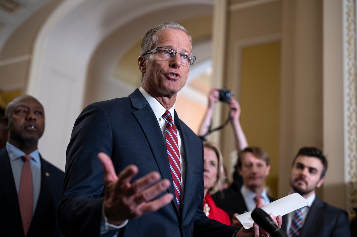 Senate Minority Whip John Thune meets with reporters after he was elected to succeed longtime GOP leader Mitch McConnell of Kentucky, at the Capitol in Washington, Wednesday, Nov. 13, 2024.