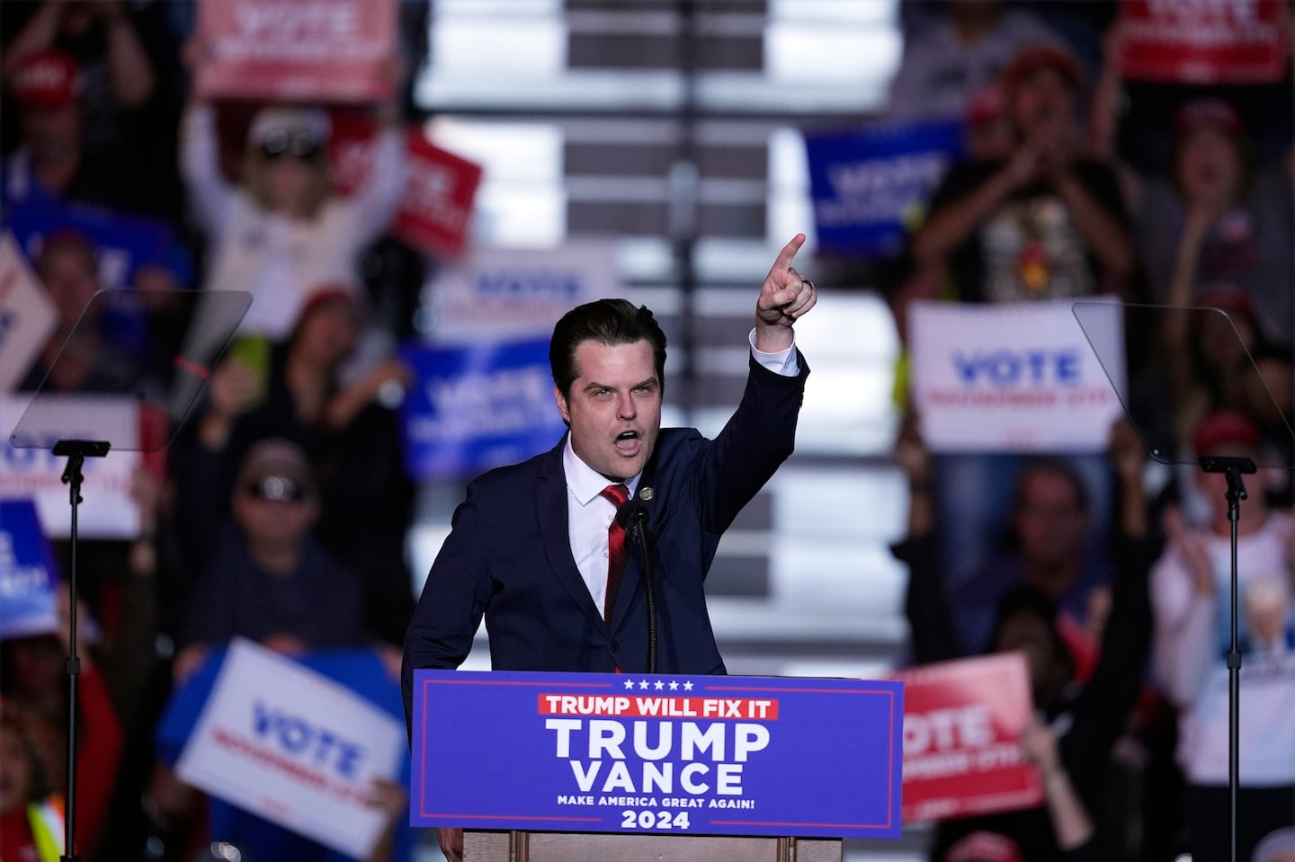 Representative Matt Gaetz spoke at a Trump campaign rally in Nevada in late October.