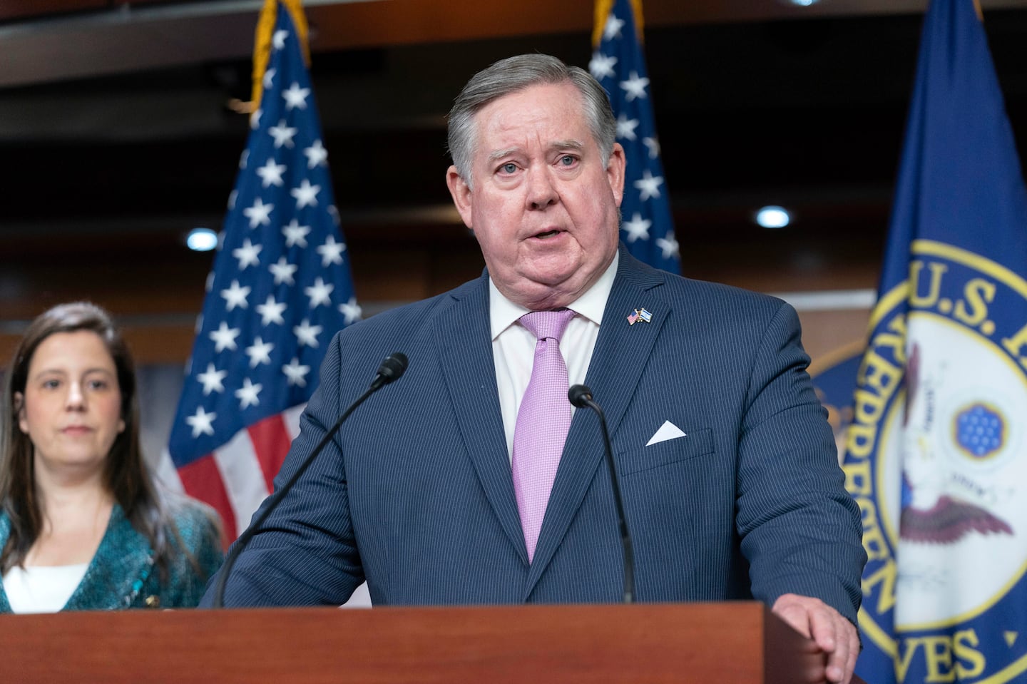 Representative Ken Calvert chairman of the House Appropriations Subcommittee on Defense, speaks during a news conference on Capitol Hill in Washington, Tuesday, Feb. 6, 2024.