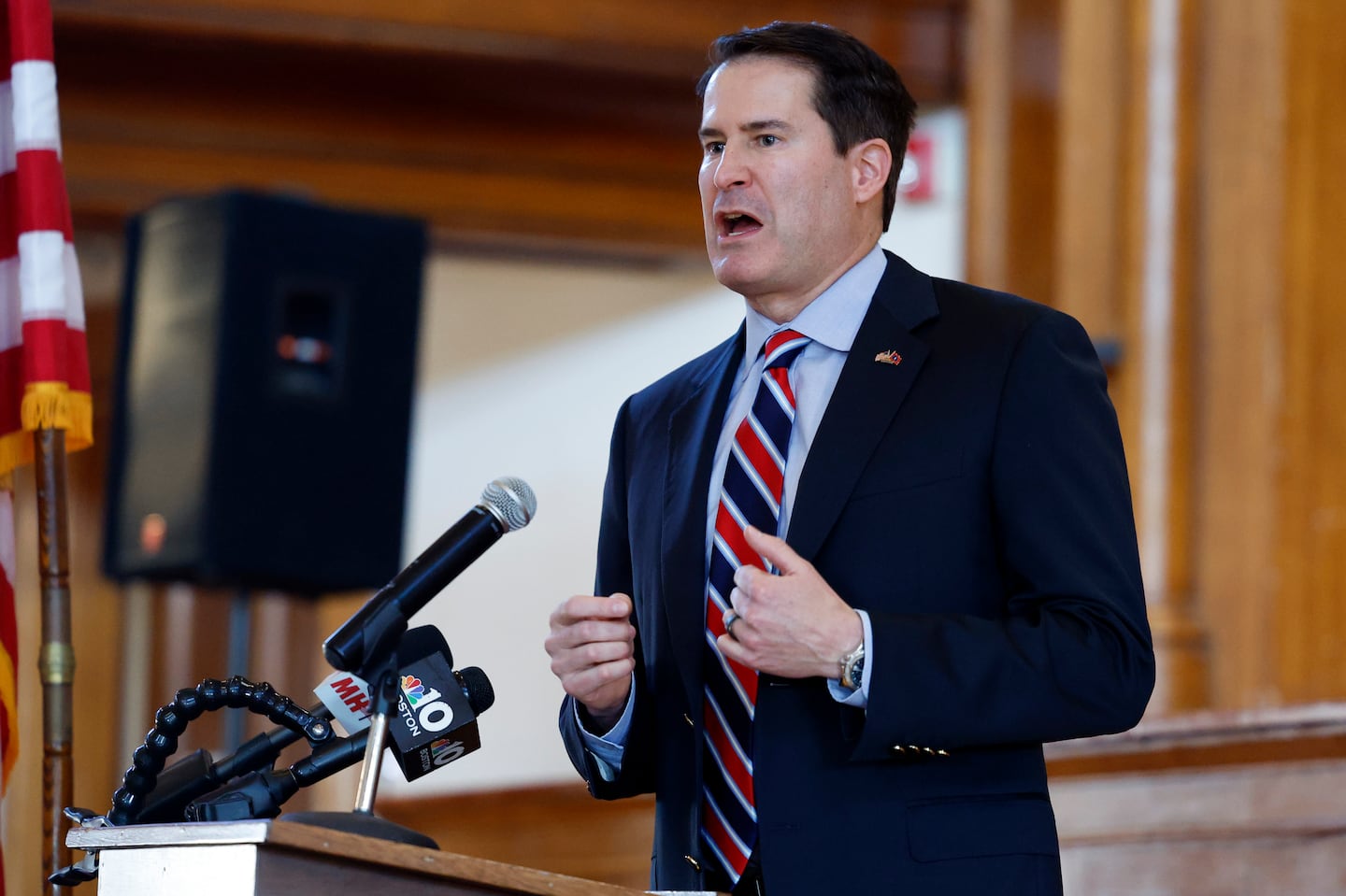 Congressman Seth Moulton spoke during a Veterans Day town hall event at Abbot Hall on Nov. 11.