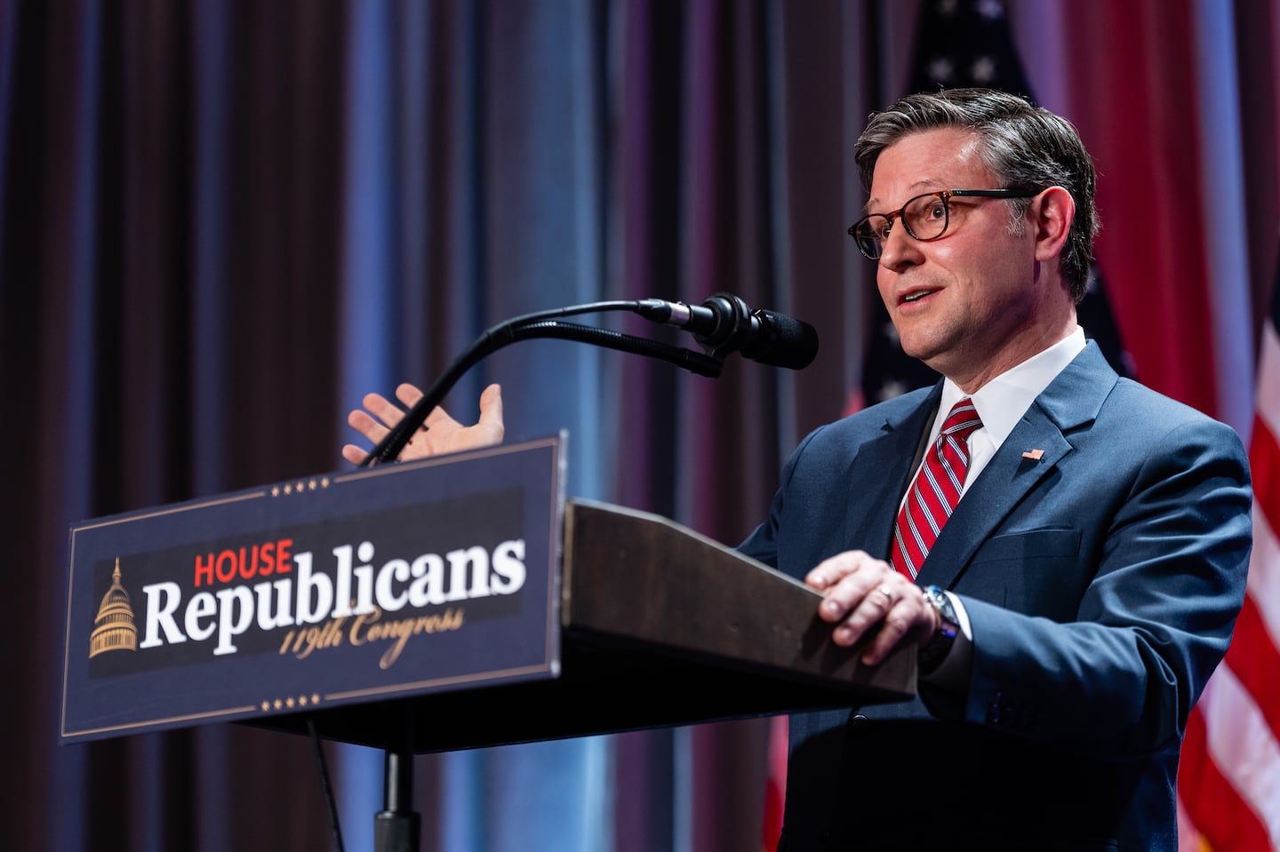 House Speaker Mike Johnson speaks during a meeting with President-elect Donald Trump and House Republicans at the Hyatt Regency in Washington, on Wednesday, Nov. 13, 2024.