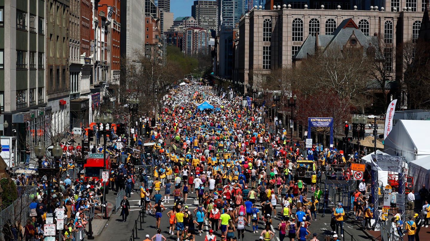 The view looking down Boylston street after the finish line during the Boston Marathon on Monday, April 15, 2024.