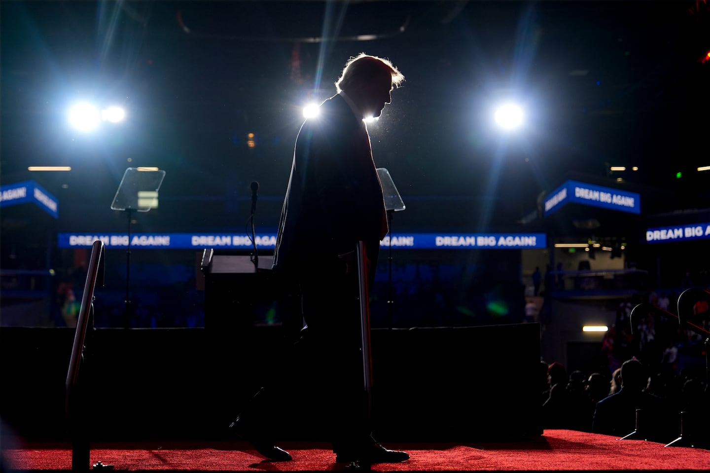 Republican presidential nominee former president Donald Trump walks from the podium after speaking at a campaign rally at Lee's Family Forum, Thursday, Oct. 31, 2024, in Henderson, Nev.