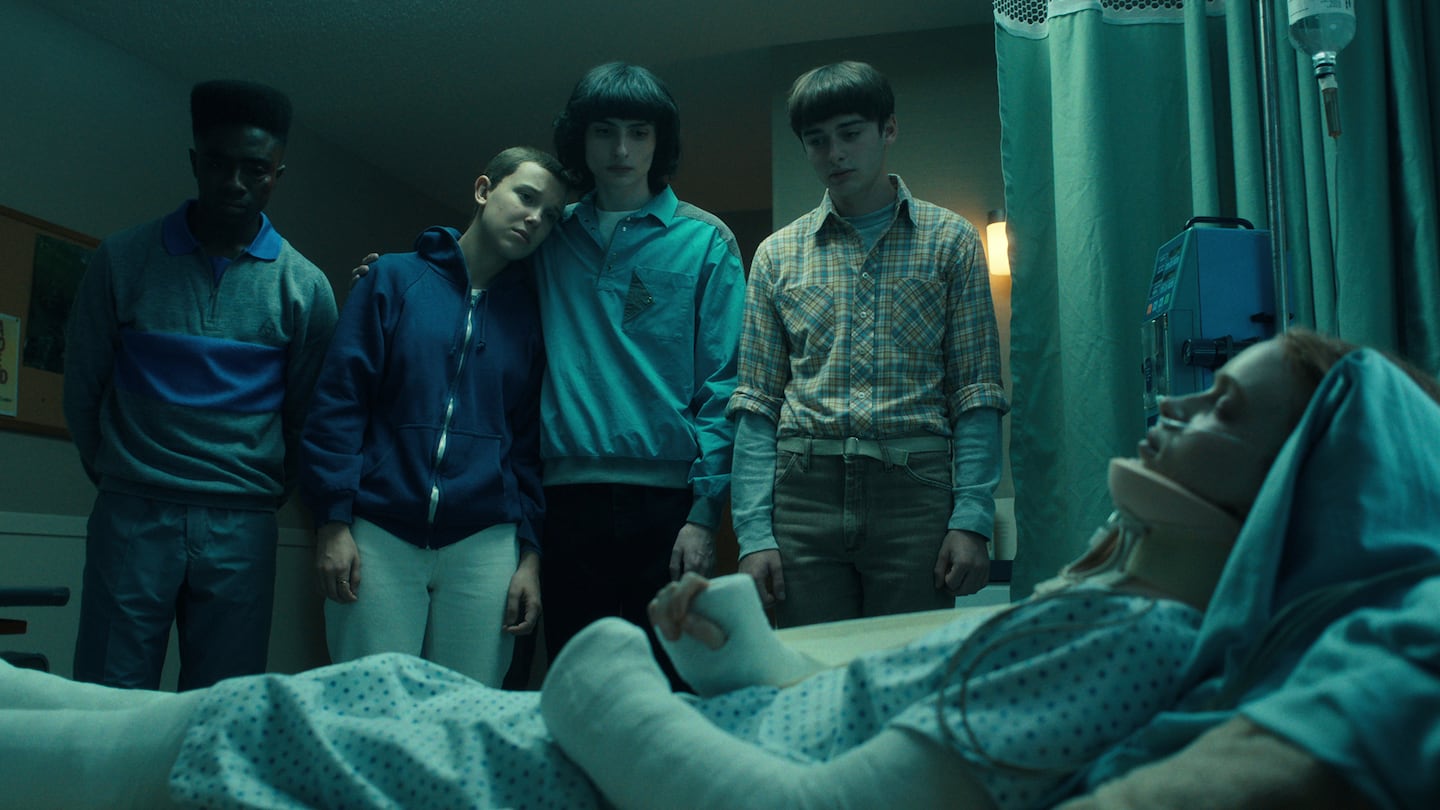 From left: Caleb McLaughlin, Millie Bobby Brown , Finn Wolfhard, Noah Schnapp, and Sadie Sink  in "Stranger Things" in 2022.