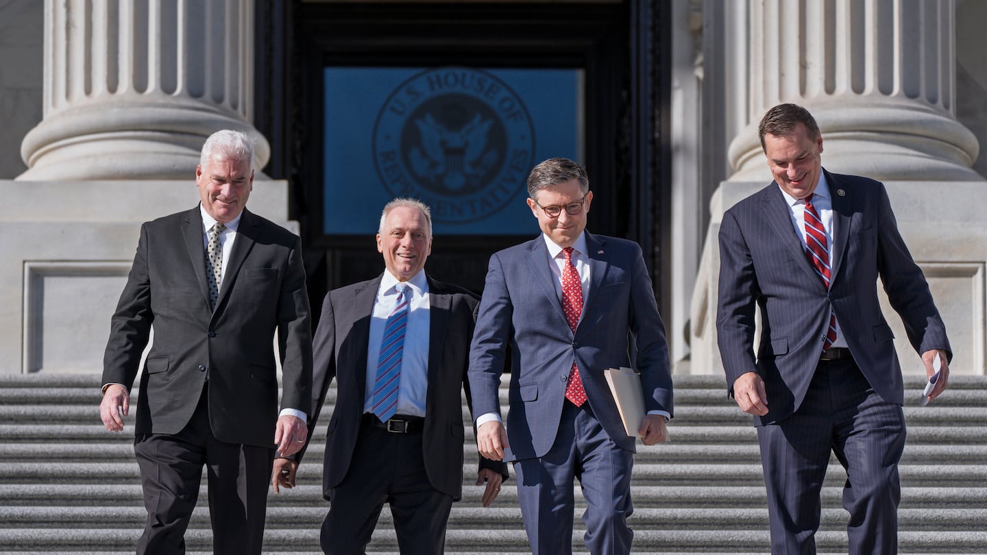 House Republican leaders, from left, Majority Whip Tom Emmer, R-Minn., Majority Leader Steve Scalise, R-La., Speaker of the House Mike Johnson, R-La., and Rep. Richard Hudson, R-N.C., chairman of the National Republican Congressional Committee, arrive to tout Republican wins and meet with reporters on the steps of the Capitol in Washington, on Nov. 12.