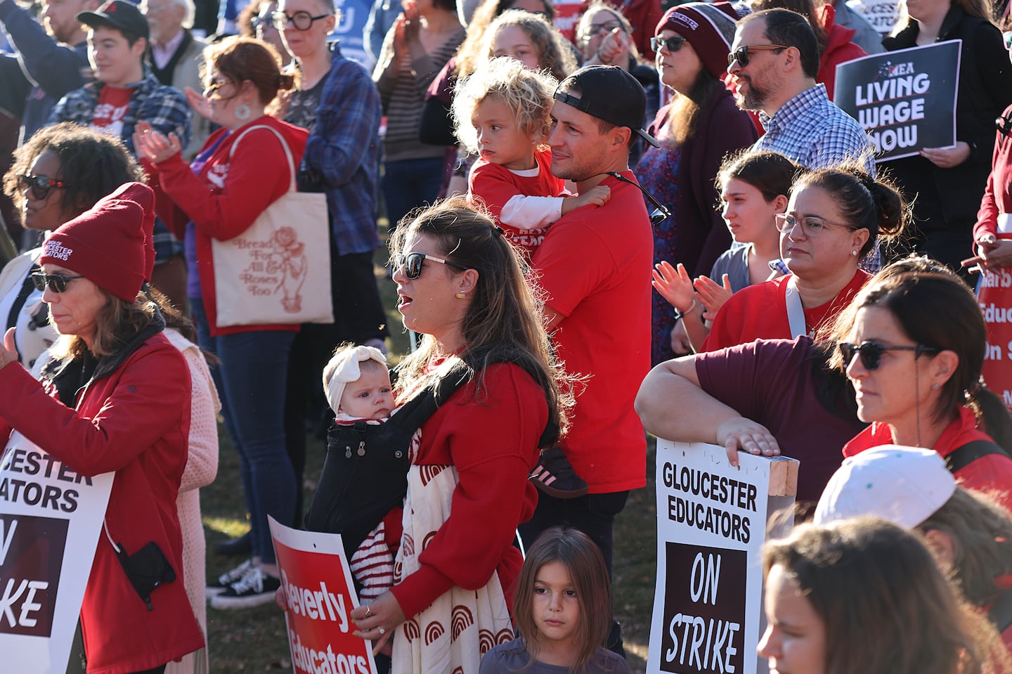 Teachers in Beverly, GLoucester and Marblehead held a joint rally at Stage Fort Park in Gloucester on Monday.