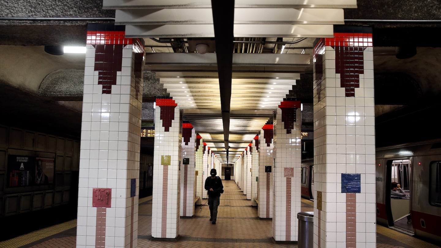 A Red Line train at the Broadway station in Boston, MA on April 12, 2022.